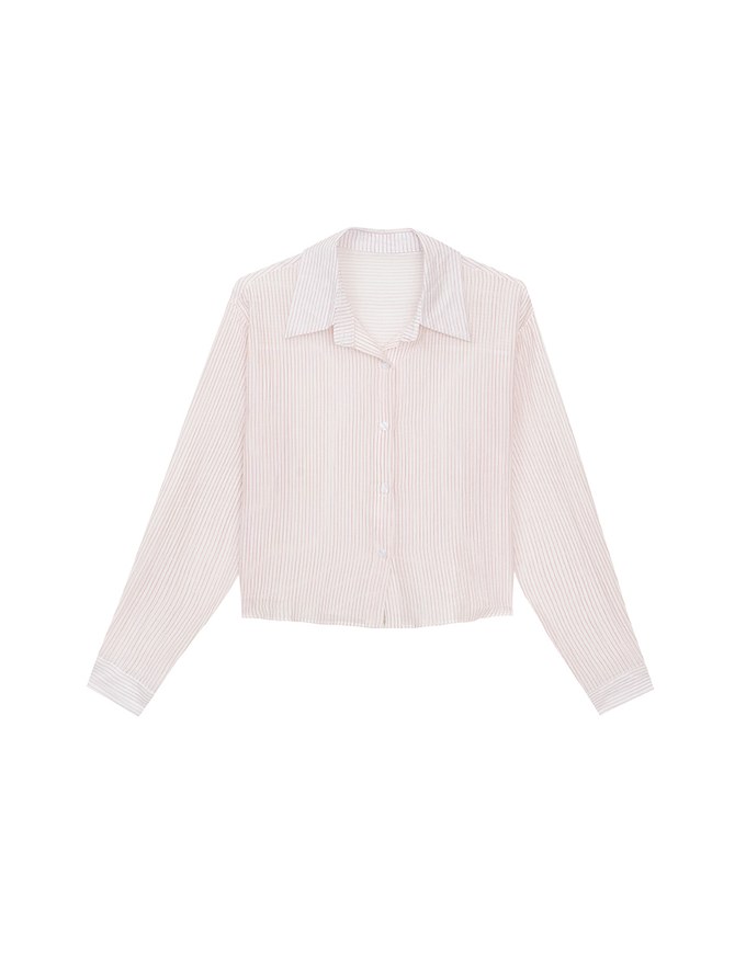 Oversized Sheer Vertical Stripe Button Down Cropped Shirt