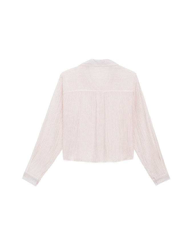 Oversized Sheer Vertical Stripe Button Down Cropped Shirt