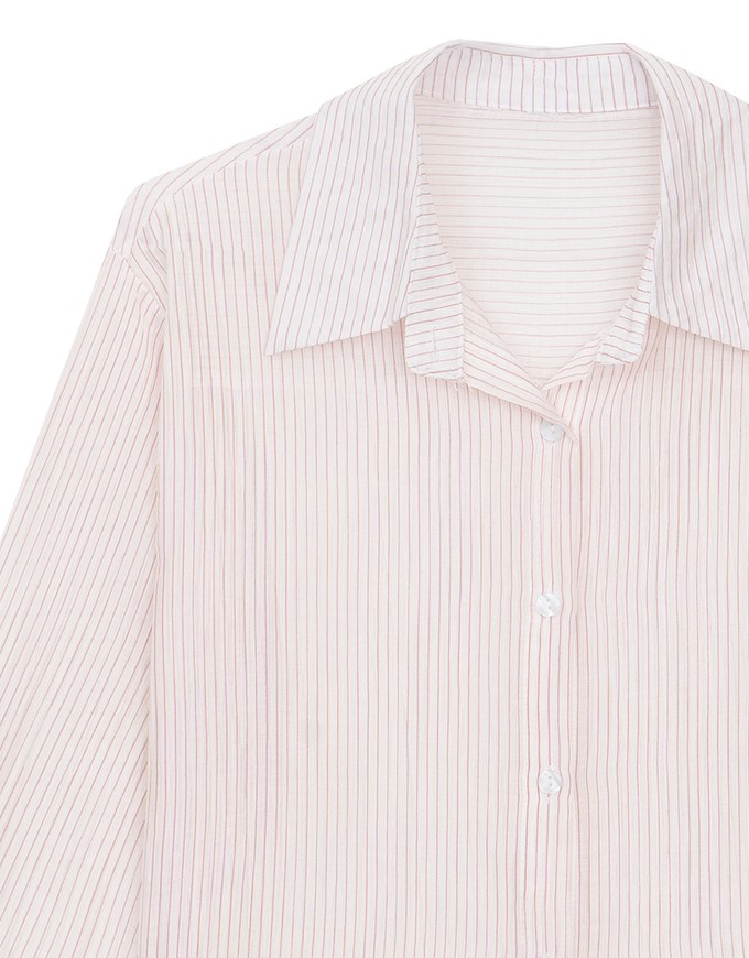 Oversized Sheer Vertical Stripe Button Down Cropped Shirt