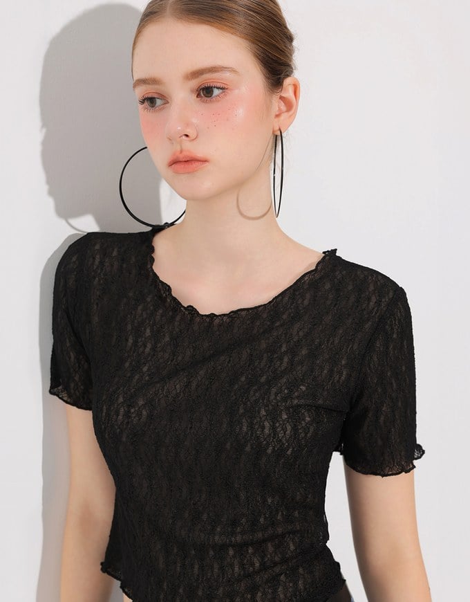 Sheer Lace Ruffle Trim Fitted Cropped Top with Lettuce Hem