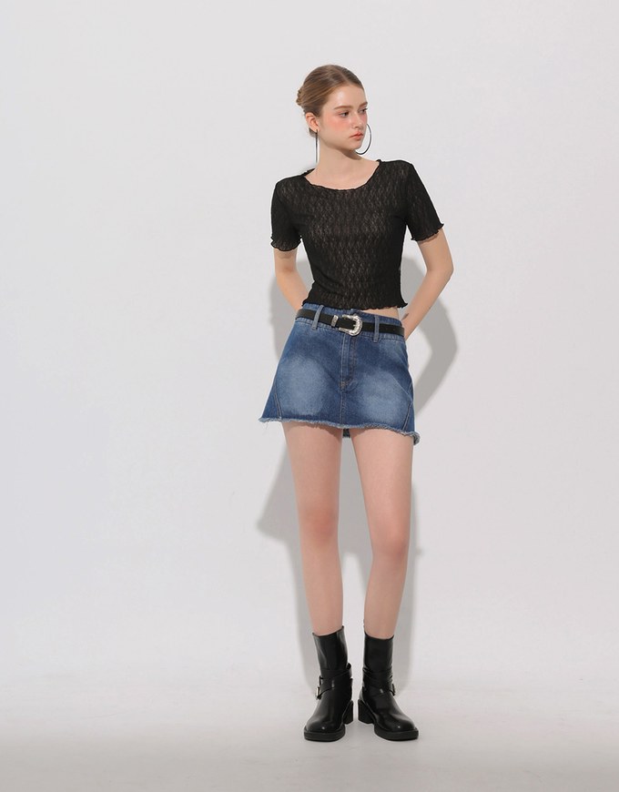 Sheer Lace Ruffle Trim Fitted Cropped Top with Lettuce Hem