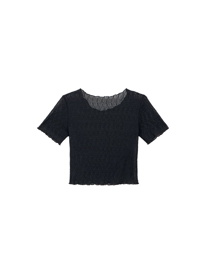 Sheer Lace Ruffle Trim Fitted Cropped Top with Lettuce Hem
