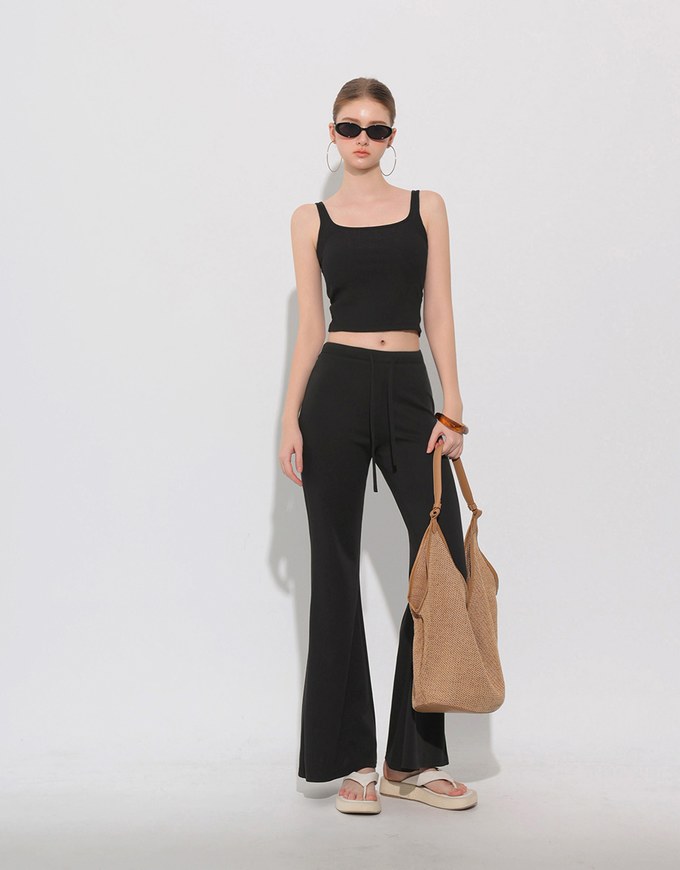 Square Neck Ribbed Tank Top with Back Bow Tie Detail