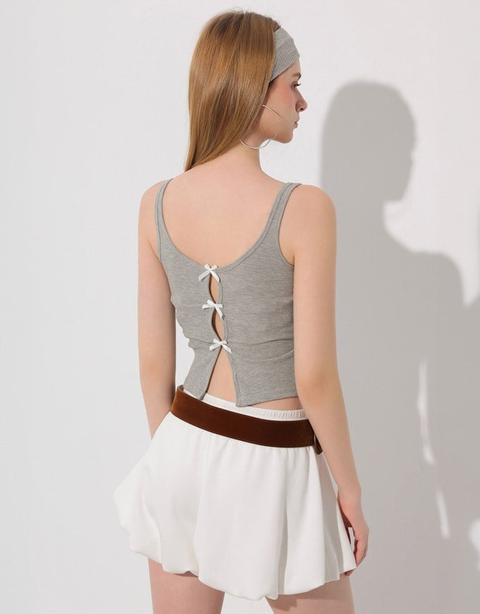 Square Neck Ribbed Tank Top with Back Bow Tie Detail