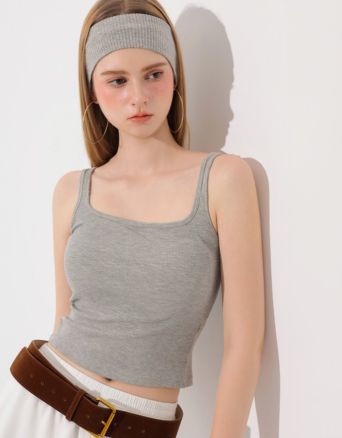Square Neck Ribbed Tank Top with Back Bow Tie Detail