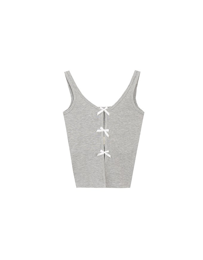Square Neck Ribbed Tank Top with Back Bow Tie Detail