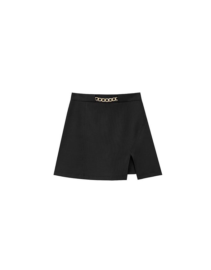 Waistline Gold Chain Detail High Waist Front Slit Mini Skirt