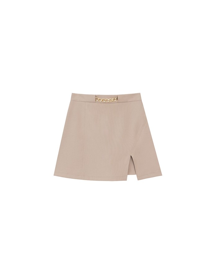 Waistline Gold Chain Detail High Waist Front Slit Mini Skirt