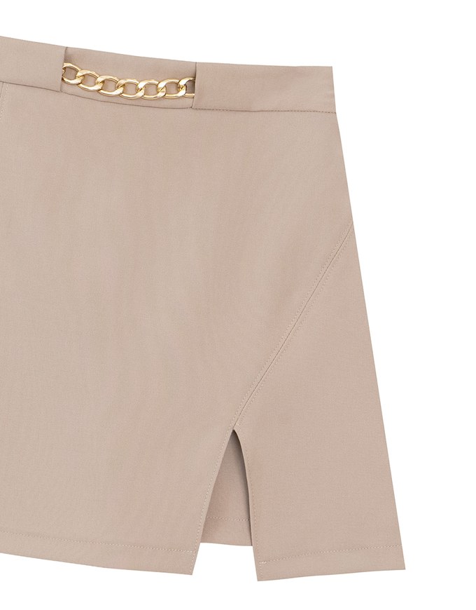 Waistline Gold Chain Detail High Waist Front Slit Mini Skirt