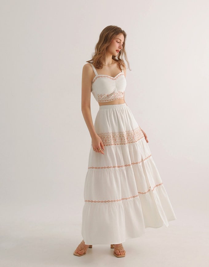 Boho Embroidered Tiered Maxi Skirt with Side Slit Detail