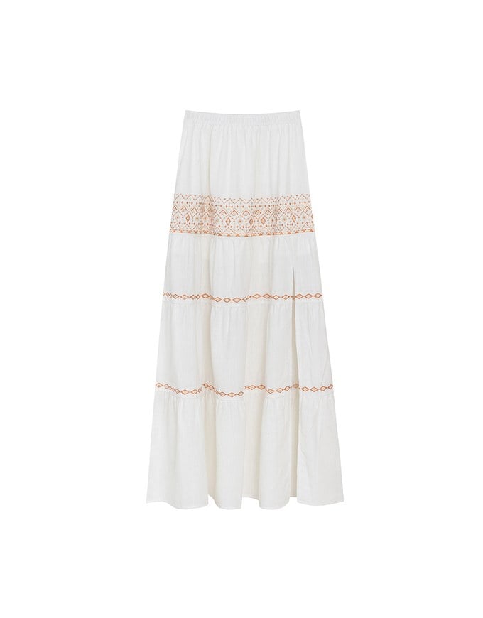 Boho Embroidered Tiered Maxi Skirt with Side Slit Detail