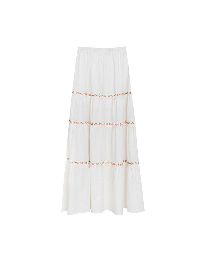 Boho Embroidered Tiered Maxi Skirt with Side Slit Detail