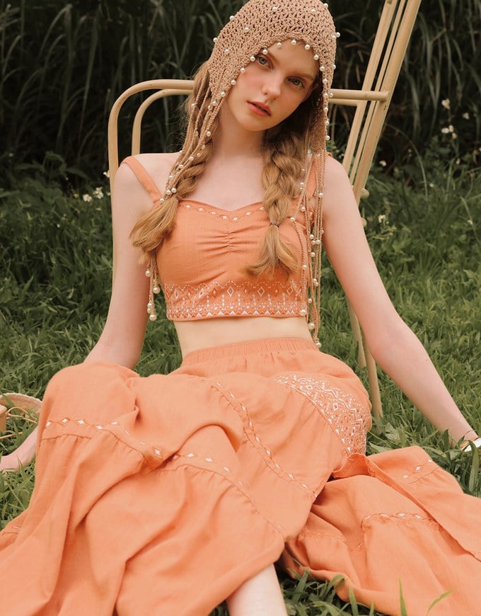 Boho Embroidered Tiered Maxi Skirt with Side Slit Detail