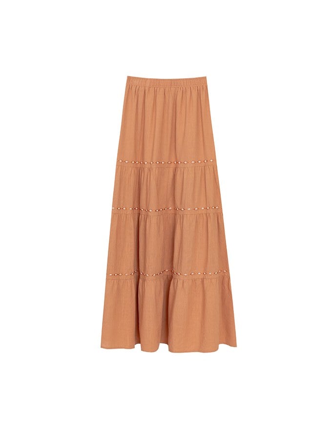 Boho Embroidered Tiered Maxi Skirt with Side Slit Detail