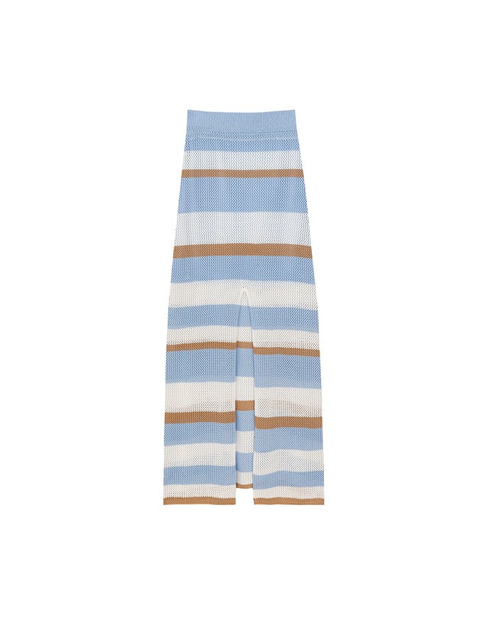 Multicolor Striped Knit Maxi Skirt with Back Slit Detail
