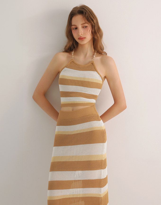 Multicolor Striped Knit Maxi Skirt with Back Slit Detail