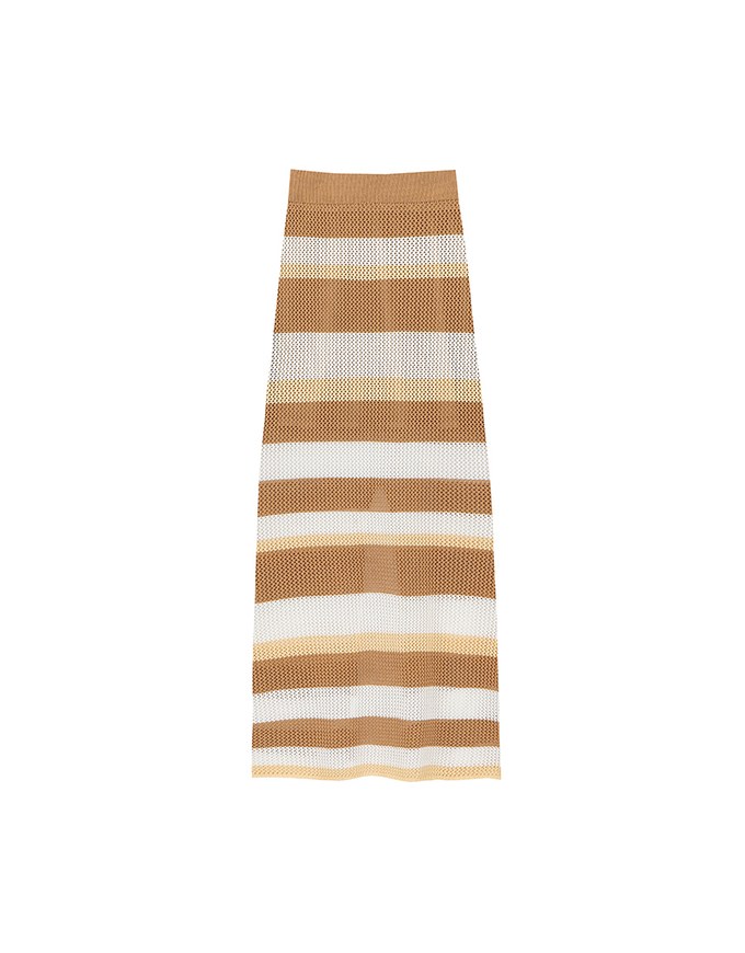 Multicolor Striped Knit Maxi Skirt with Back Slit Detail