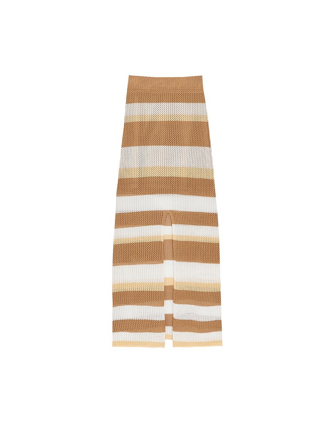 Multicolor Striped Knit Maxi Skirt with Back Slit Detail