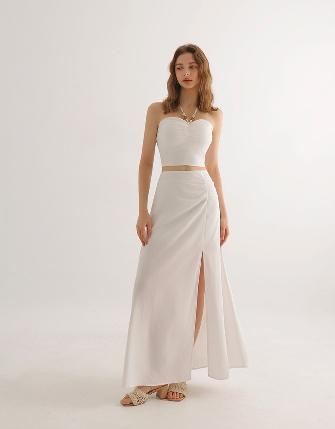 Side Ruched High Waist Maxi Skirt with Front Slit