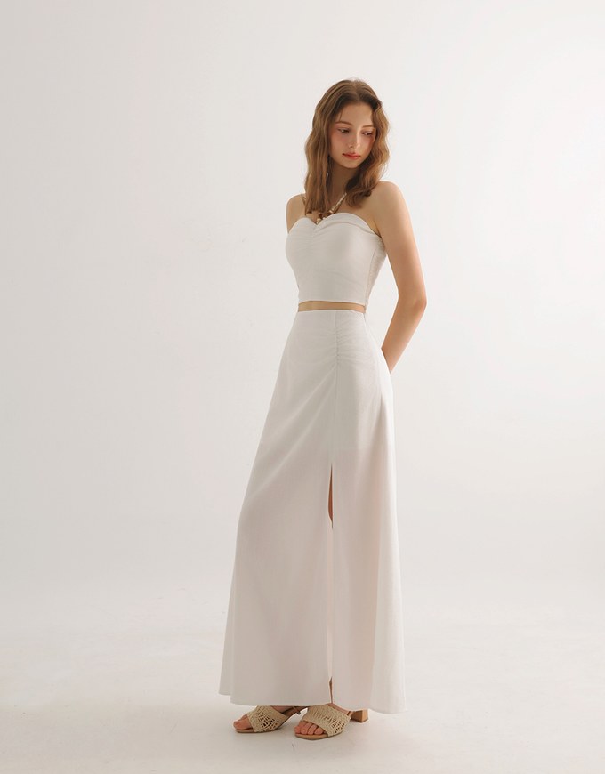Side Ruched High Waist Maxi Skirt with Front Slit