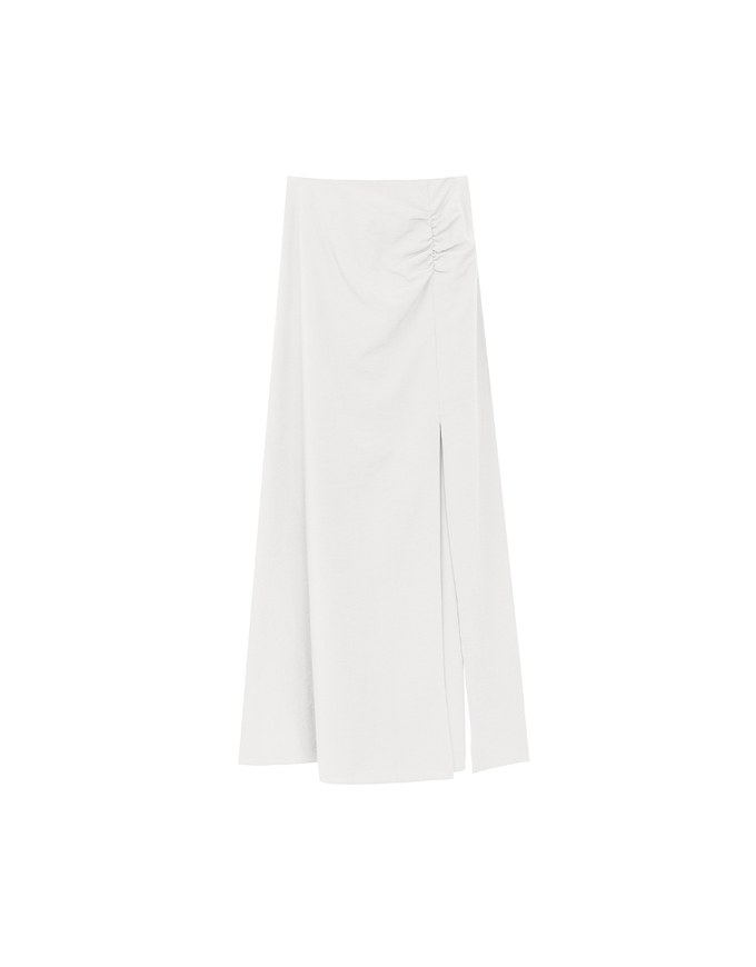 Side Ruched High Waist Maxi Skirt with Front Slit