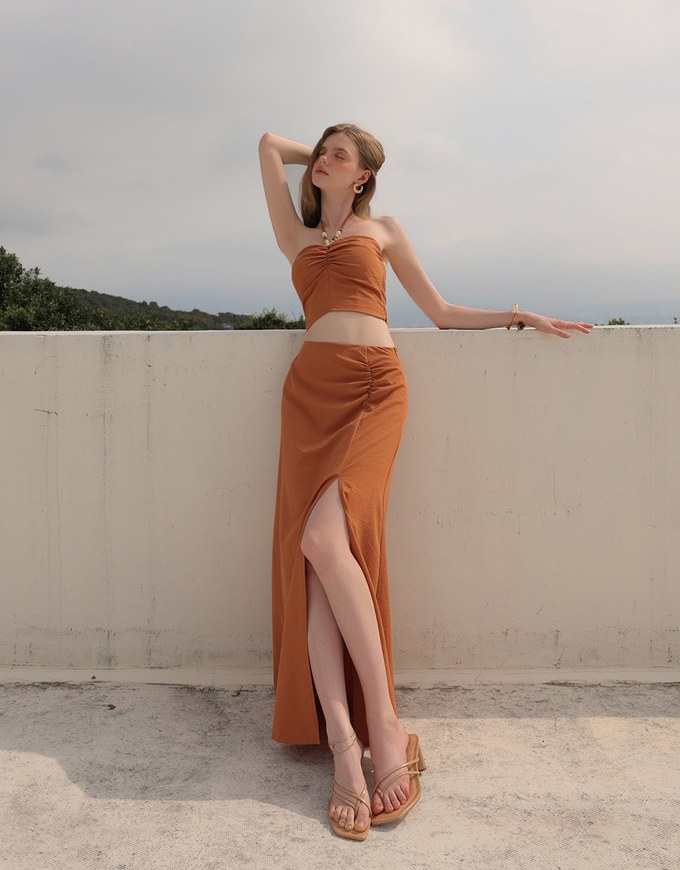 Side Ruched High Waist Maxi Skirt with Front Slit