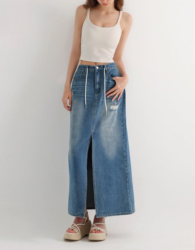 High Waist Distressed Front Slit Jeans Denim Maxi Skirt with Drawstring Detail