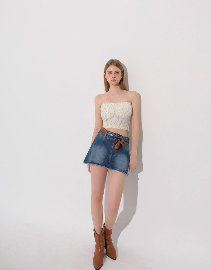 Raw Hem Washed Double Button Jeans Denim Mini Skirt