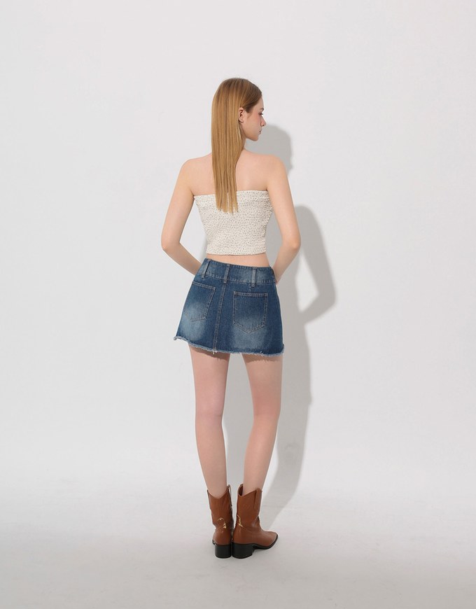Raw Hem Washed Double Button Jeans Denim Mini Skirt