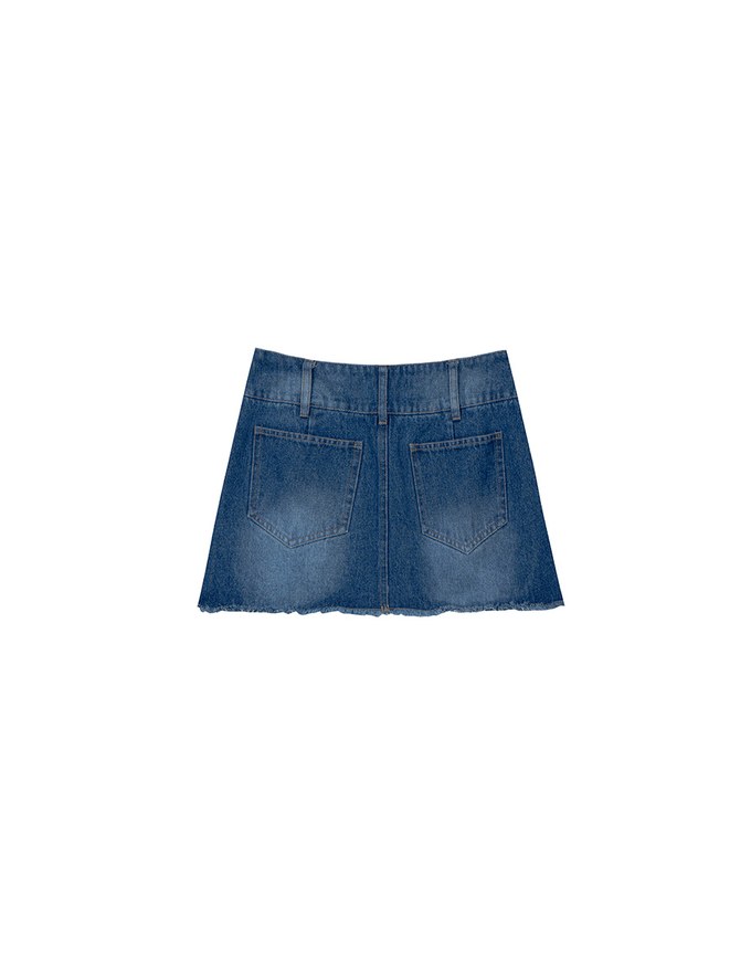 Raw Hem Washed Double Button Jeans Denim Mini Skirt