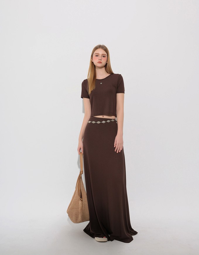 Logo Embroidered Slim Fit Flared Maxi Skirt