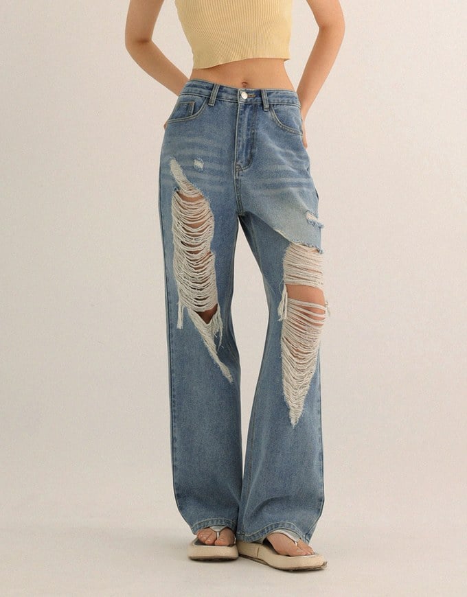 Extreme Distressed Straight Leg Jeans Denim Pants