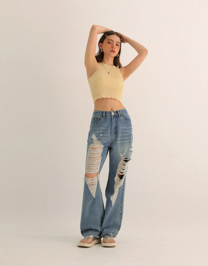 Extreme Distressed Straight Leg Jeans Denim Pants