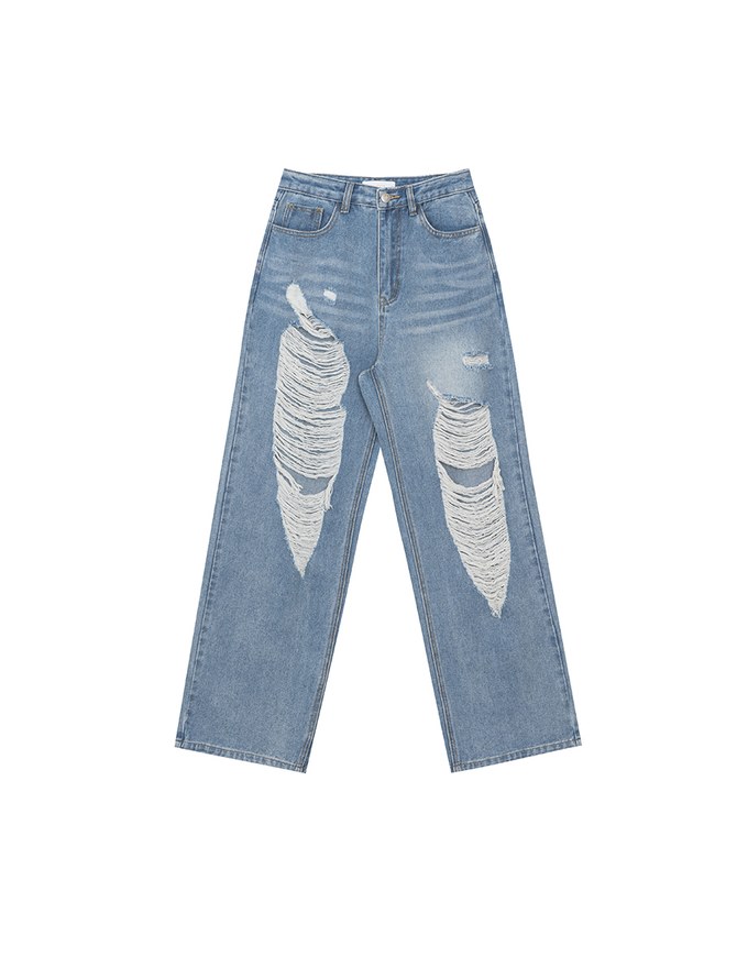 Extreme Distressed Straight Leg Jeans Denim Pants