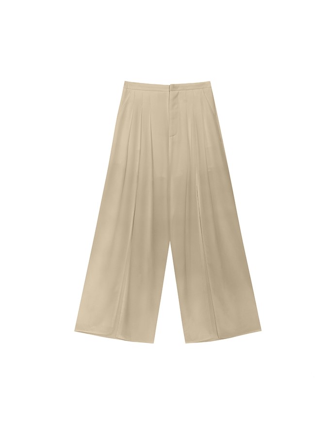 Front Slit Flowy Pleated Wide Leg Pants