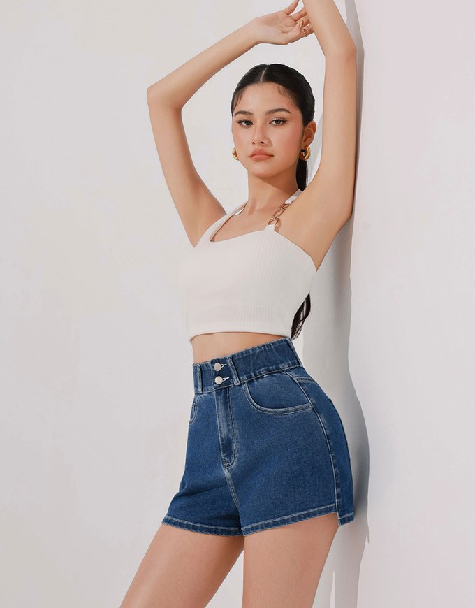 Cooling Fabric Double Button Jeans Denim Shorts with Heart Pocket Stitching