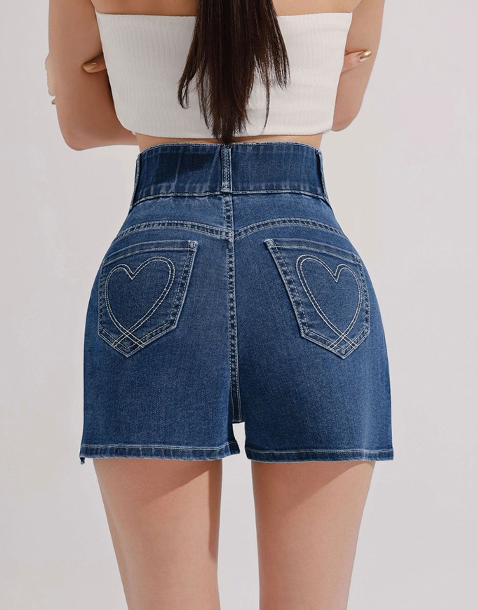 Cooling Fabric Double Button Jeans Denim Shorts with Heart Pocket Stitching