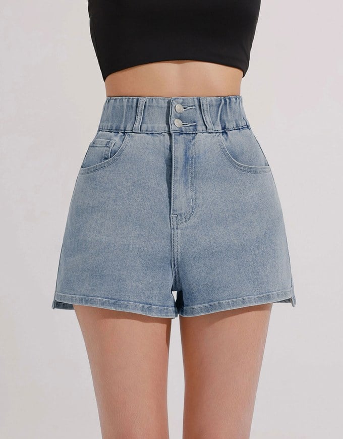 Cooling Fabric Double Button Jeans Denim Shorts with Heart Pocket Stitching