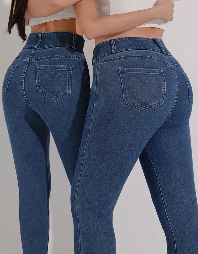 Cooling Fabric Double Button Jeans Denim Skinny Pants with Heart Pocket Stitching
