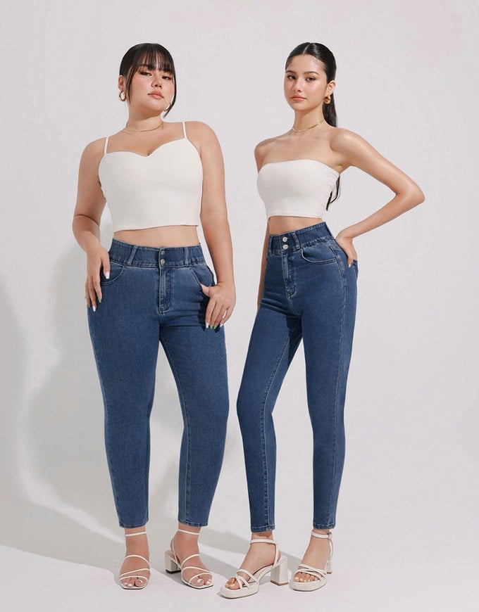 Cooling Fabric Double Button Jeans Denim Skinny Pants with Heart Pocket Stitching