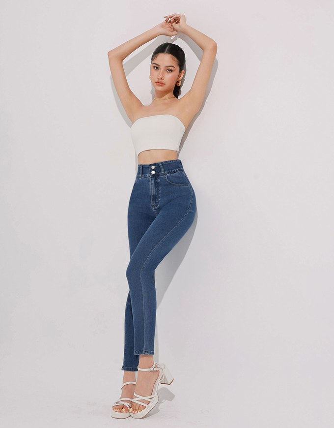 Cooling Fabric Double Button Jeans Denim Skinny Pants with Heart Pocket Stitching