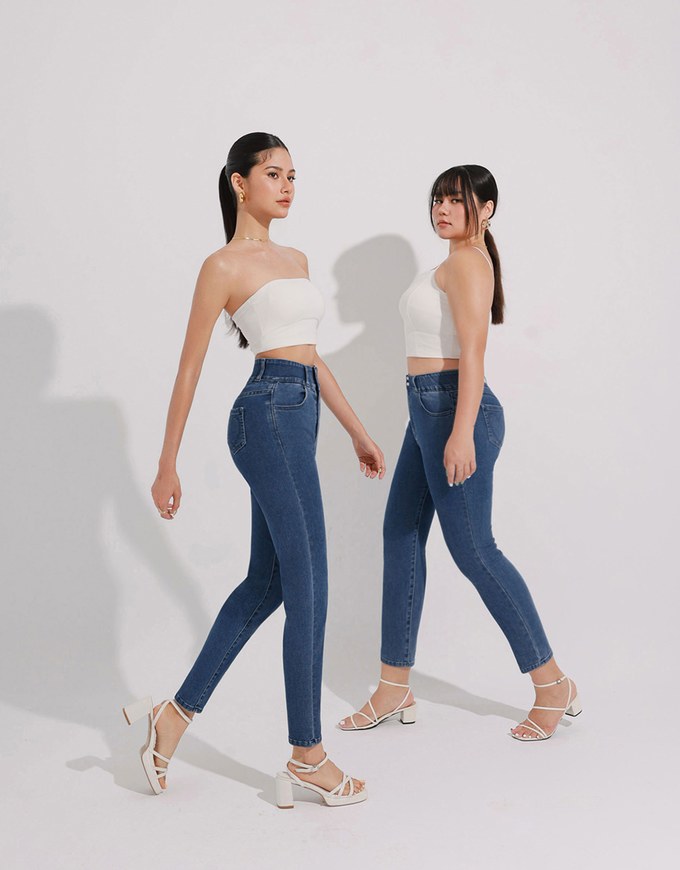 Cooling Fabric Double Button Jeans Denim Skinny Pants with Heart Pocket Stitching