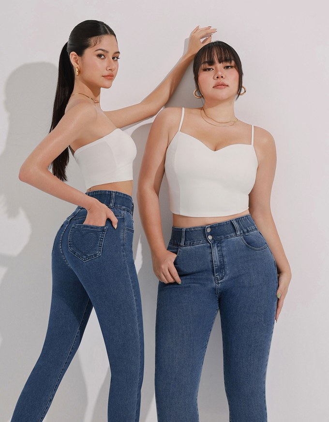 Cooling Fabric Double Button Jeans Denim Skinny Pants with Heart Pocket Stitching