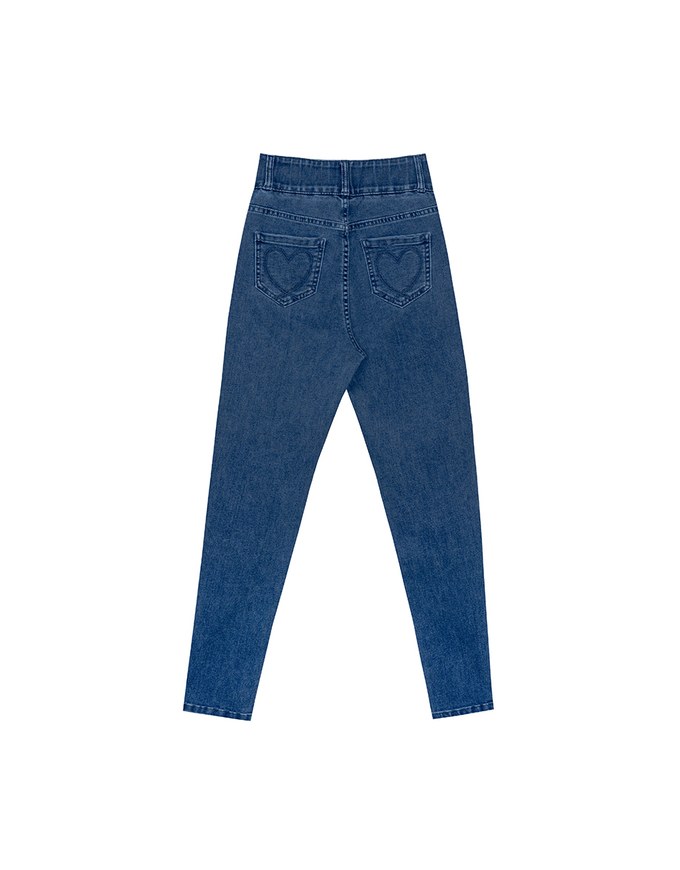 Cooling Fabric Double Button Jeans Denim Skinny Pants with Heart Pocket Stitching