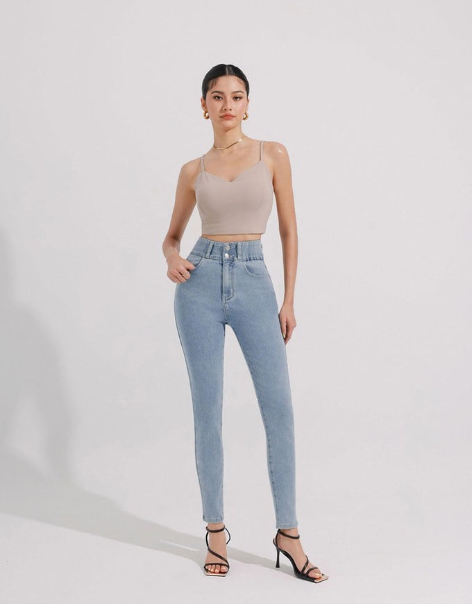 Cooling Fabric Double Button Jeans Denim Skinny Pants with Heart Pocket Stitching