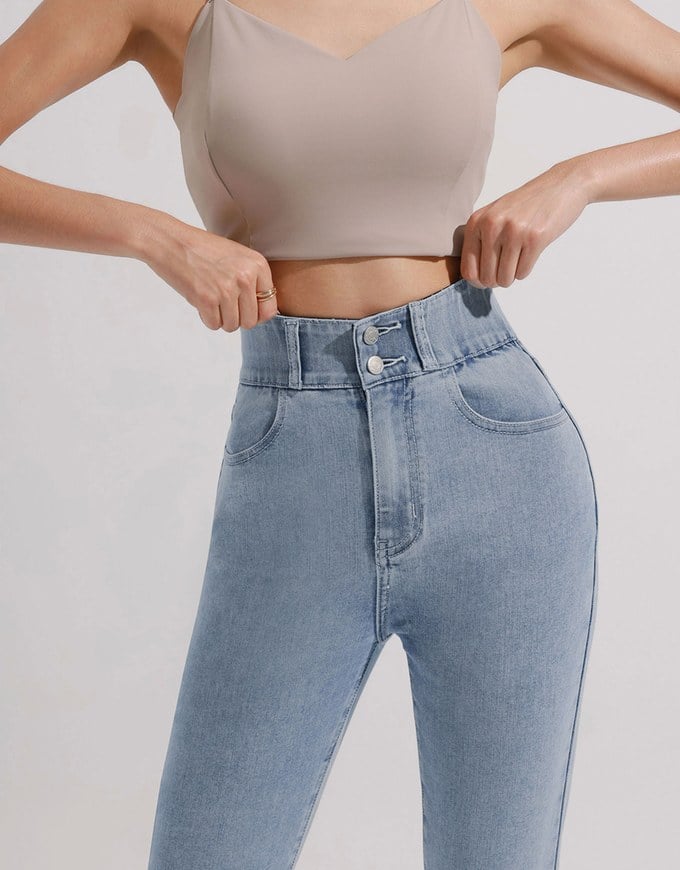 Cooling Fabric Double Button Jeans Denim Skinny Pants with Heart Pocket Stitching