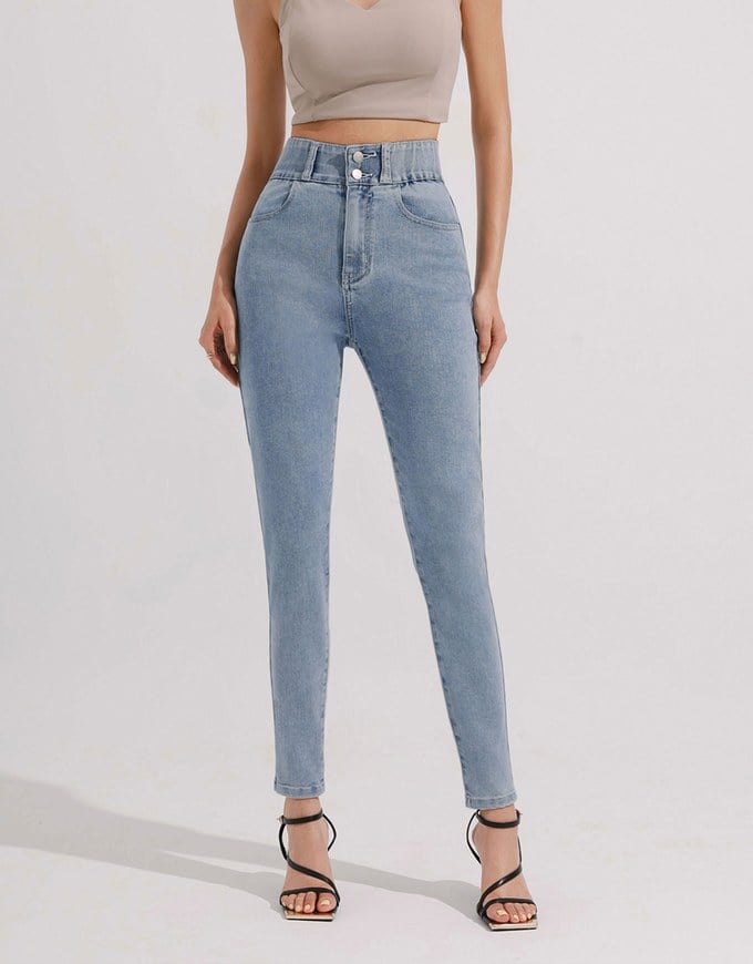 Cooling Fabric Double Button Jeans Denim Skinny Pants with Heart Pocket Stitching