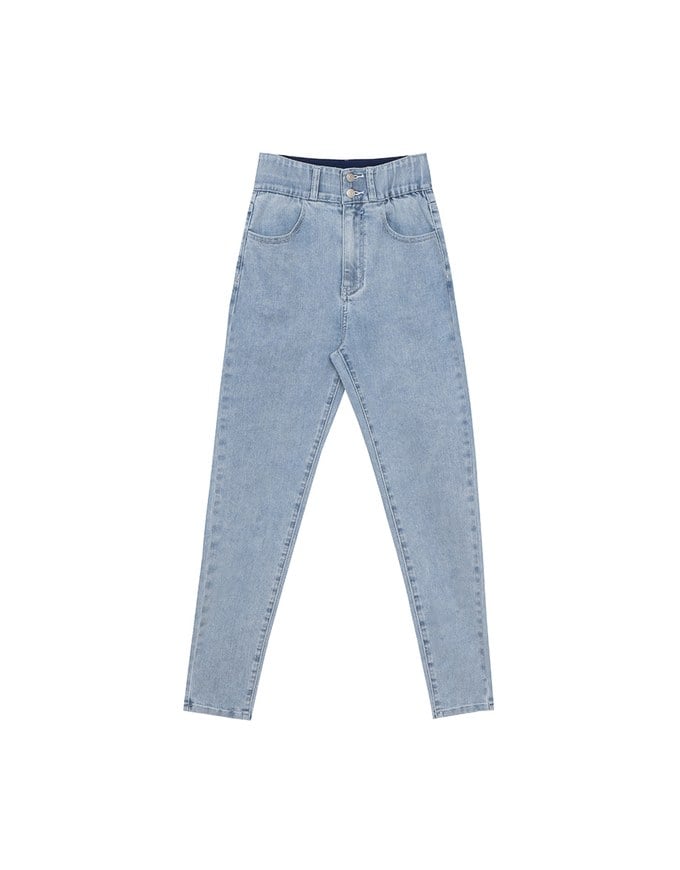 Cooling Fabric Double Button Jeans Denim Skinny Pants with Heart Pocket Stitching