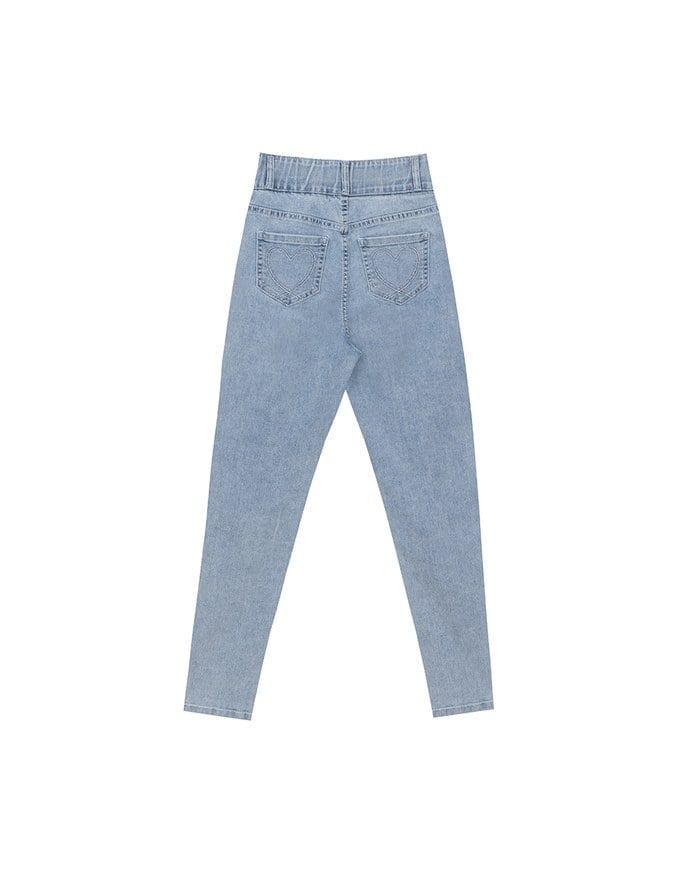 Cooling Fabric Double Button Jeans Denim Skinny Pants with Heart Pocket Stitching