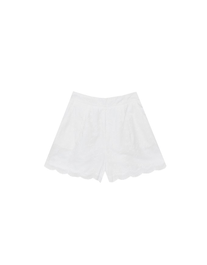 Embroidered Bow Lace Cotton Shorts with Scallop Hem